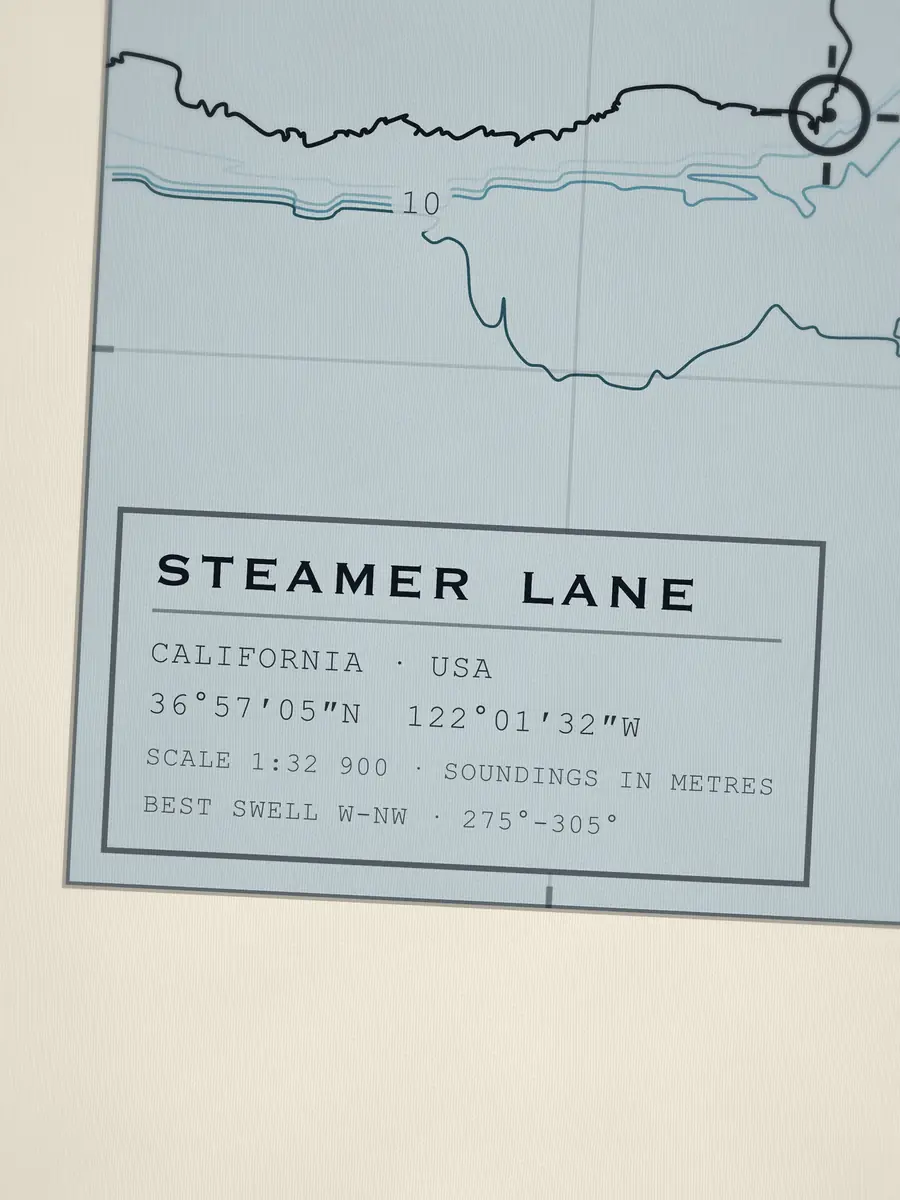 Close-up of the Steamer Lane title block: coordinates, scale and best swell