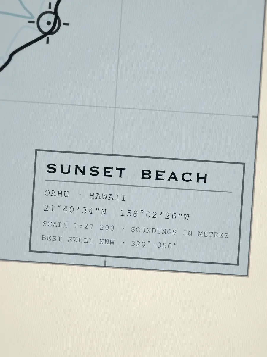 Close-up of the Sunset Beach title block: coordinates, scale and best swell