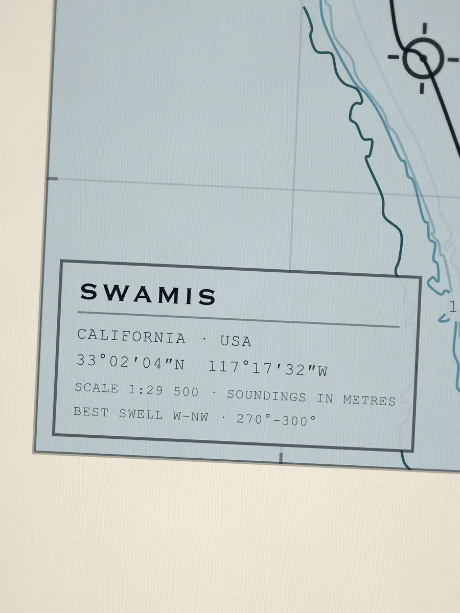 Close-up of the Swamis title block: coordinates, scale and best swell
