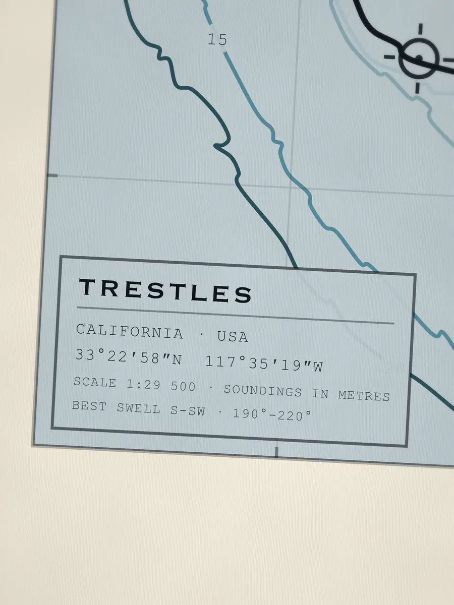 Close-up of the Trestles title block: coordinates, scale and best swell