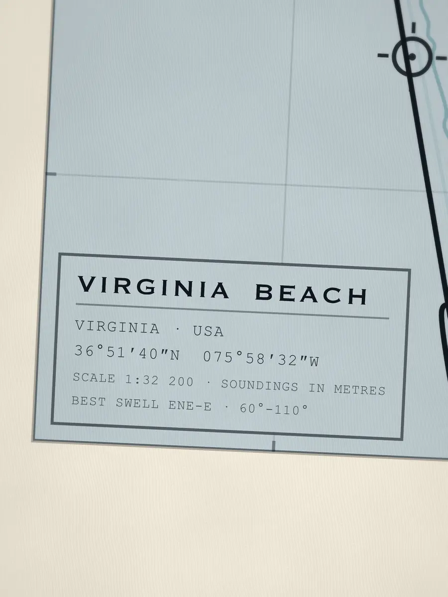Close-up of the Virginia Beach title block: coordinates, scale and best swell
