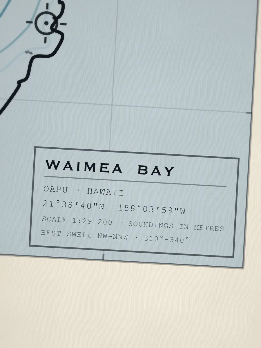Close-up of the Waimea Bay title block: coordinates, scale and best swell