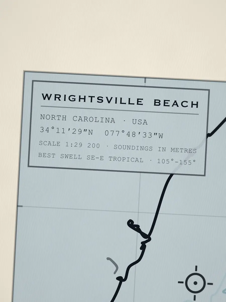 Close-up of the Wrightsville Beach title block: coordinates, scale and best swell